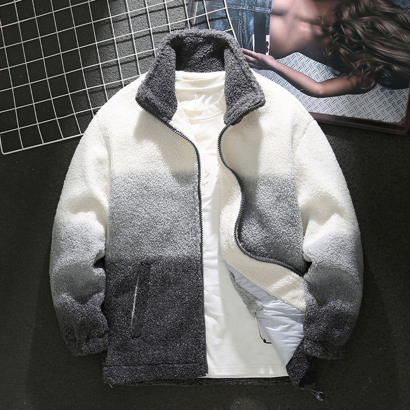 Handsome gray camouflage sherpa jacket for men in winter