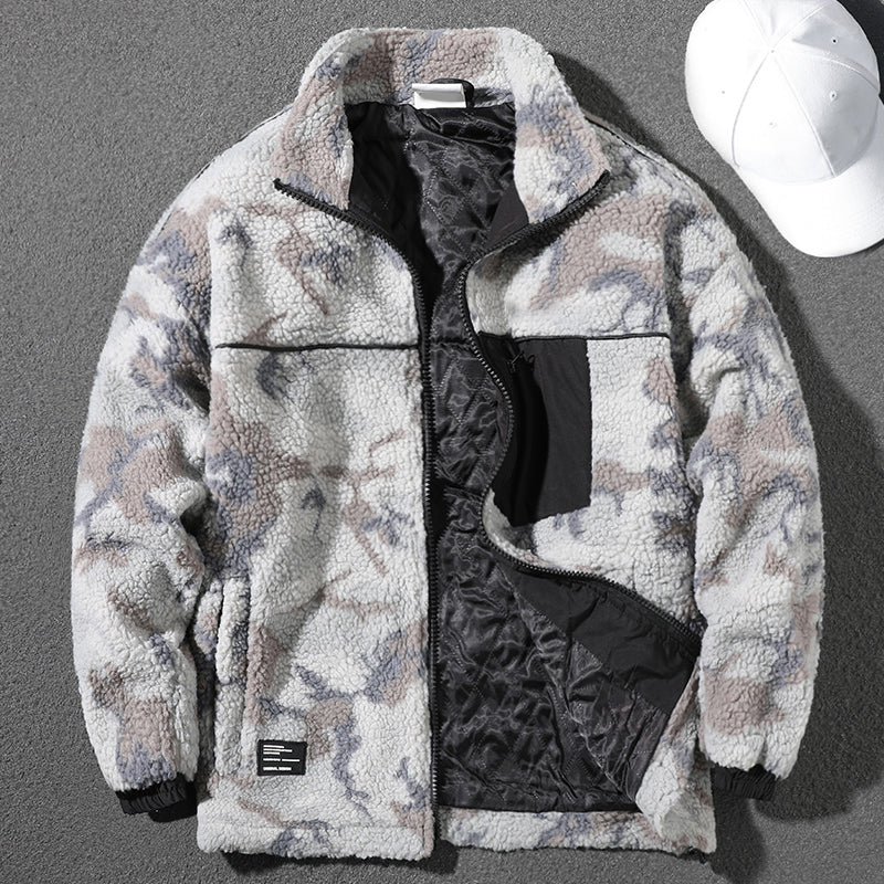 Handsome gray camouflage sherpa jacket for men in winter