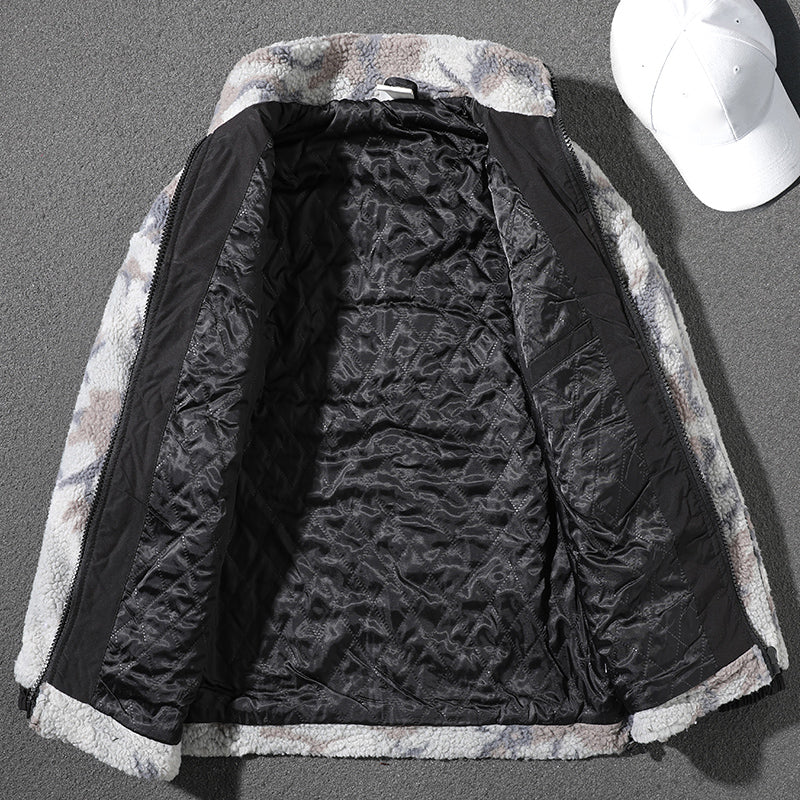 Handsome gray camouflage sherpa jacket for men in winter