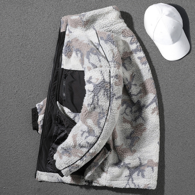 Handsome gray camouflage sherpa jacket for men in winter