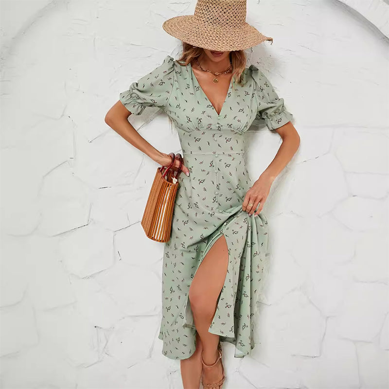 Women's summer printed button waist floral dress
