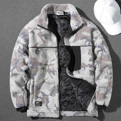 Handsome gray camouflage sherpa jacket for men in winter