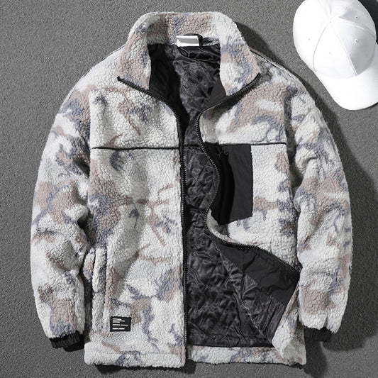 Handsome gray camouflage sherpa jacket for men in winter