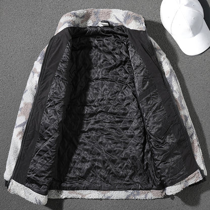 Handsome gray camouflage sherpa jacket for men in winter