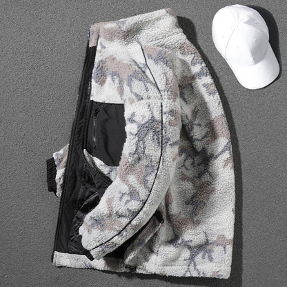 Handsome gray camouflage sherpa jacket for men in winter