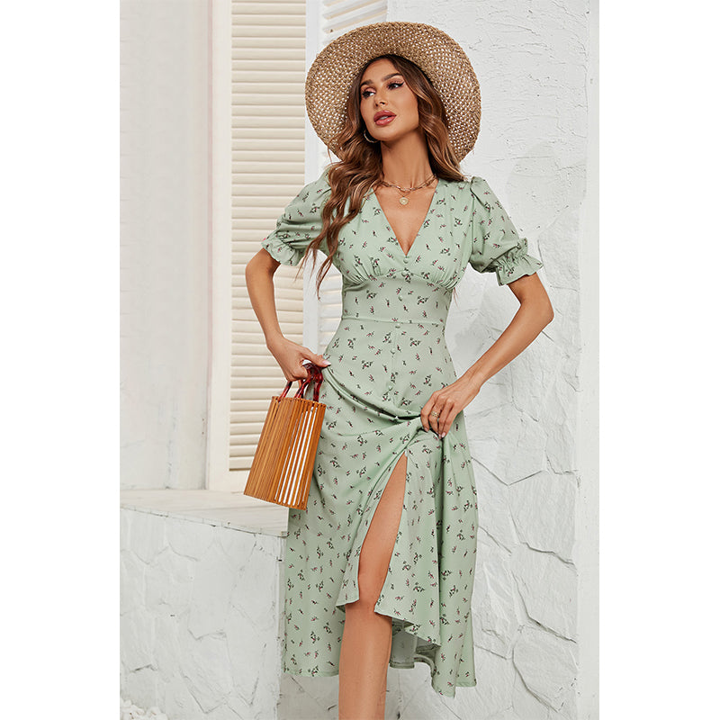 Women's summer printed button waist floral dress