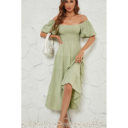 Women's Summer Solid Color High Waist Puff Sleeve Waist Dress for Women