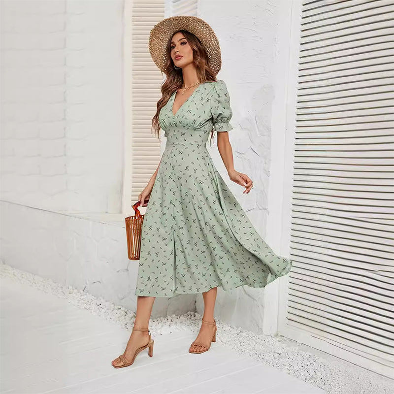 Women's summer printed button waist floral dress