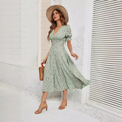 Women's summer printed button waist floral dress