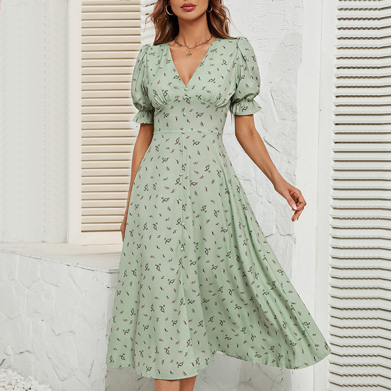 Women's summer printed button waist floral dress