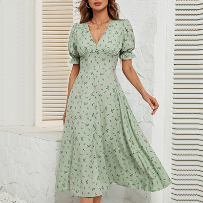 Women's summer printed button waist floral dress