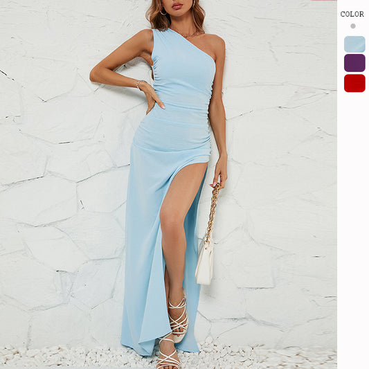 New sexy slanted shoulder slim fit slit versatile dress for women
