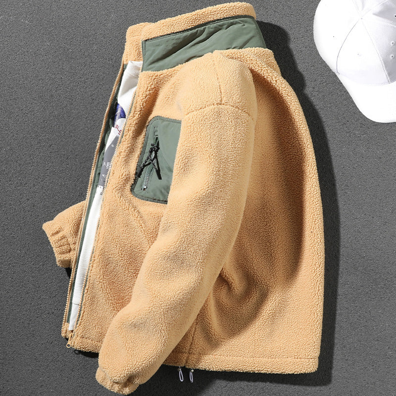 Handsome lamb wool cotton jacket for men 2020 winter new thickened and warm trendy versatile high stand collar lamb wool jacket